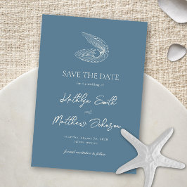 Stofblauw Schelp Strand Oceaan Bestemming Trouwen Save The Date