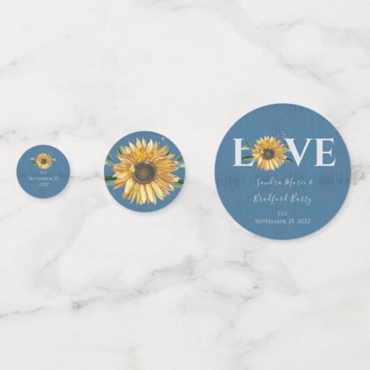 Stofblauw schuurhout, gouden zonnebloem bruiloft  confetti (Achterkanten)