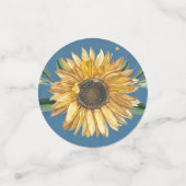 Stofblauw schuurhout, gouden zonnebloem bruiloft  confetti (Kleine voorkant)