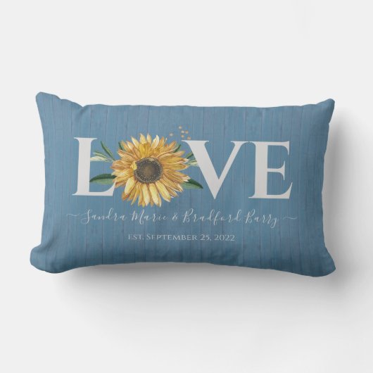 Stofblauw schuurhout, gouden zonnebloem bruiloft kussen (Voorkant)