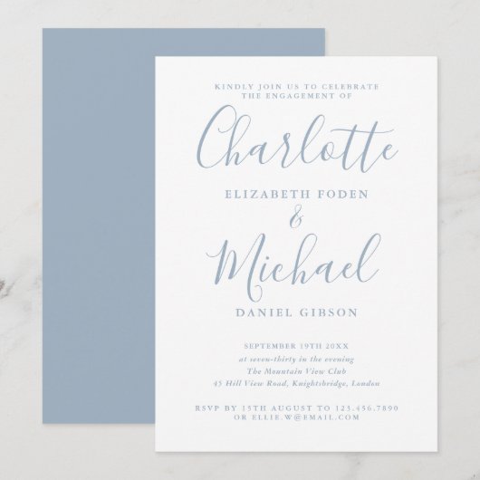 Stofblauw Signature Script Verloving Feest Kaart (Voorkant / Achterkant)