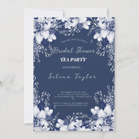Stofblauw theepartij bruids douche kaart (Voorkant)