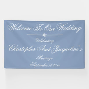 Stofblauw Trouw Wit Schrift Namen Achtergrond Spandoek