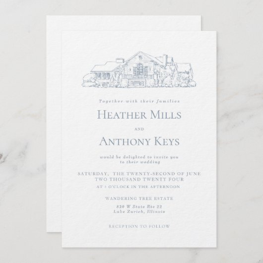 Stofblauw uitnodiging met schets van de locatie (Voorkant / Achterkant)