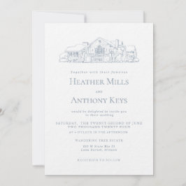 Stofblauw uitnodiging met schets van de locatie