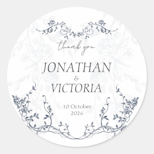Stofblauw Vintage Bloem Bruiloft Bedankt Stickers (Voorkant)