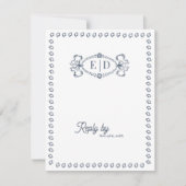 Stofblauw Vintage Monogram QR Code Bruiloft RSVP Kaartje (Voorkant)