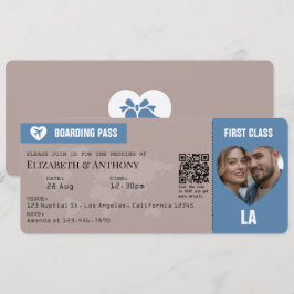 Stofblauw & Warm Taupe Boarding Pass Trouwkaart Kaart