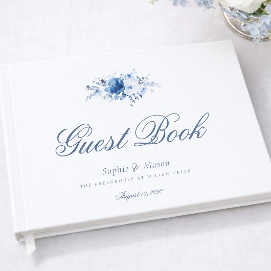 Stofblauw Waterverf Bloem Bruiloft Gastenboek
