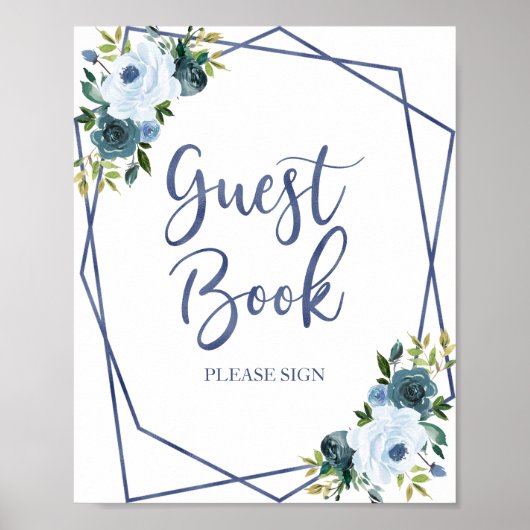 Stofblauw Waterverf Bloemstuk Gastboek Bord Poster (Voorkant)