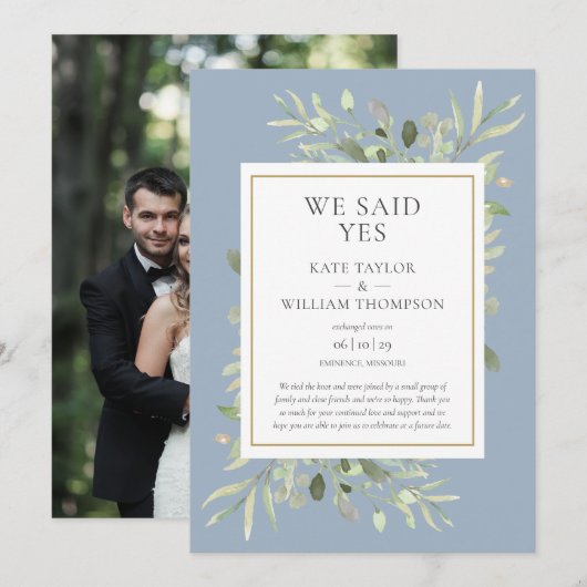 Stofblauw We Said Yes Elopement Aankondiging (Voorkant / Achterkant)