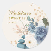 Stofblauw Witte Bloemengold Glitter Sweet 16  Ronde Sticker (Voorkant)