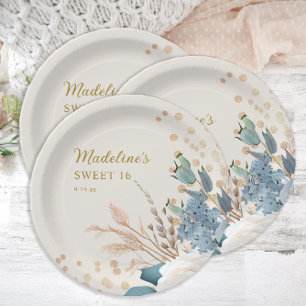 Stofblauw Witte Bloemstuk Gouden Glitter Sweet 16  Papieren Bordje