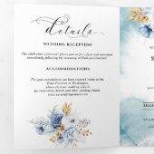 Stofblauw Witte Gouden Bloem Bruiloft Drieluik Aankondiging (Binnenzijde eerst)