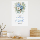 Stofblauw witte pioenroos bloem goud bruidsdouche poster (Keuken)