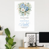 Stofblauw witte pioenroos bloem goud bruidsdouche poster (Thuiskantoor)