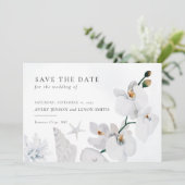 Stofblauw Zeeschelp Witte Orchidee Strand Save The Date (Staand voorkant)