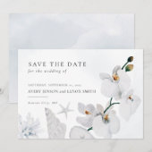 Stofblauw Zeeschelp Witte Orchidee Strand Save The Date (Voorkant / Achterkant)