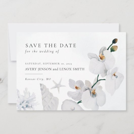 Stofblauw zeeschelpje Witte orchidee strand Save The Date (Voorkant)