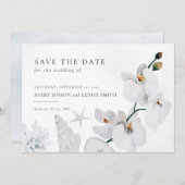 Stofblauw zeeschelpje Witte orchidee strand Save The Date (Voorkant / Achterkant)