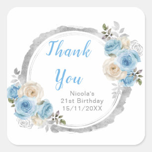 Stofblauw Zilveren Elegante Bloemen Verjaardagsfee Vierkante Sticker