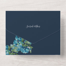 Stofblauwe Aquarel Bloemen Op Marineblauw All In One Uitnodiging