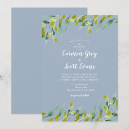 Stofblauwe Aquarel Groene Eucalyptus Bruiloft Kaart