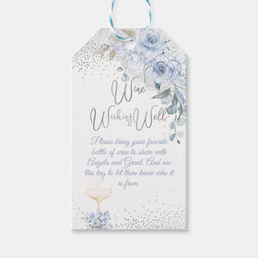 Stofblauwe Aquarelrozen Wijn Wensput Cadeaulabel (Voorkant)