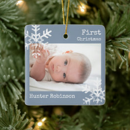 Stofblauwe baby eerste kerst foto sneeuwvlok keramisch ornament