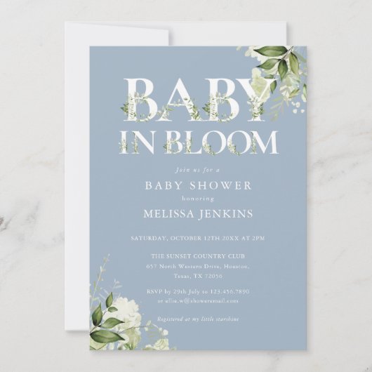 Stofblauwe baby in bloei Groene baby shower Kaart (Voorkant)