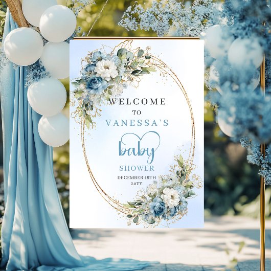Stofblauwe Baby Shower Poster Eucalyptus Groenelem
