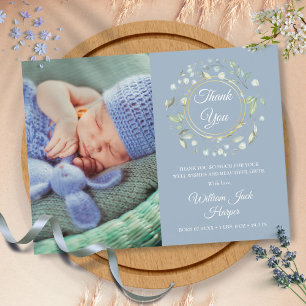 Stofblauwe babyfoto  bloemige bedankkaart geboorte aankondigingskaart