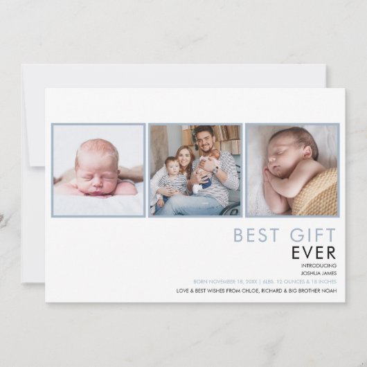 Stofblauwe Babyjongen 3 Foto Geboorte Aankondiging (Voorkant)