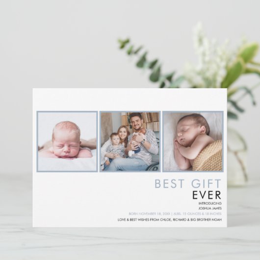 Stofblauwe Babyjongen 3 Foto Geboorte  Aankondiging (Staand voorkant)