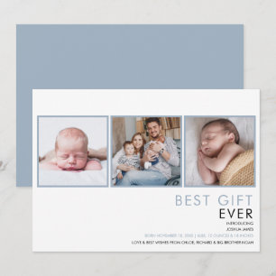 Stofblauwe babyjongen 3 foto geboorte aankondiging