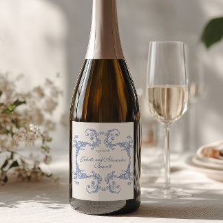 Stofblauwe Barokke Trouw Champagne Fles Label Sparkling Wijnetiket