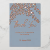Stofblauwe Bladeren Trouw Dank Je Rose Goud Folie Uitnodiging (Voorkant)