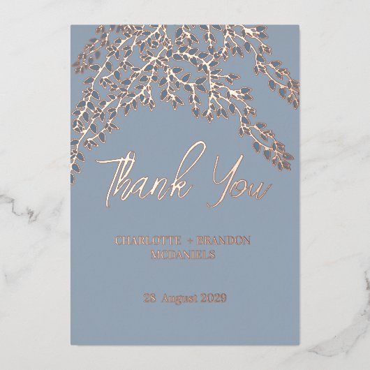  Stofblauwe Bladeren Trouw Dank Je Rose Goud   Folie Uitnodiging (Voorkant)