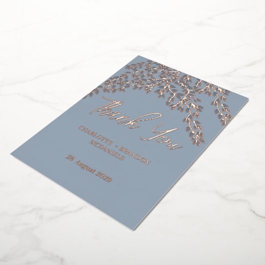 Stofblauwe Bladeren Trouw Dank Je Rose Goud Folie Uitnodiging (Gedraaid)