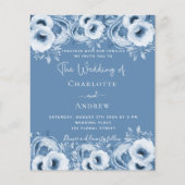 Stofblauwe bloem chic budget bruiloftsinvatiekaart flyer (Voorkant)
