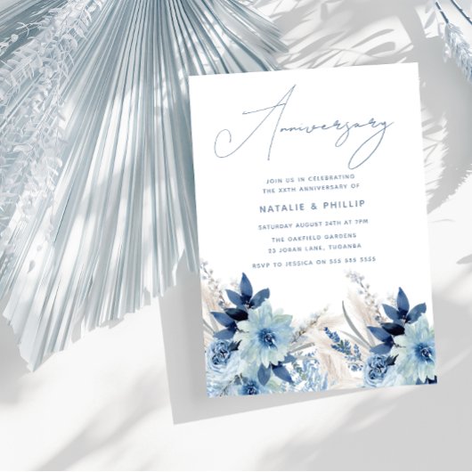 Stofblauwe bloemen 50e 60e trouwdag kaart