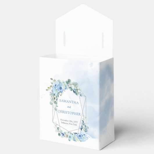 Stofblauwe bloemen en zilveren geometrisch lijst bedankdoosjes (Geopend)