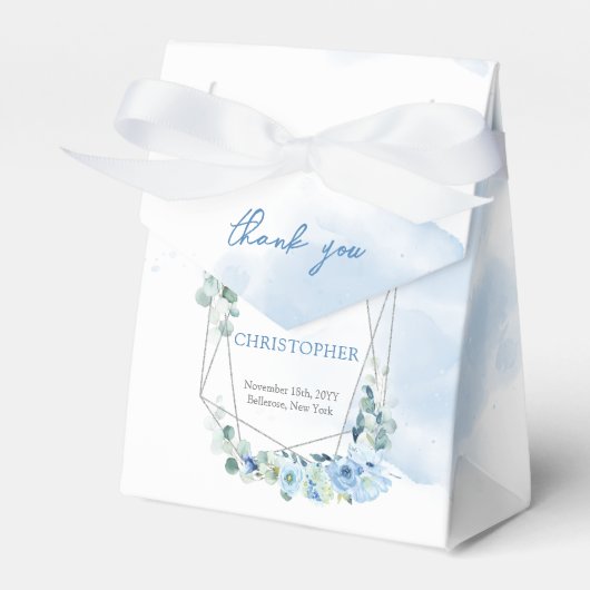 Stofblauwe bloemen en zilveren geometrisch lijst bedankdoosjes (Voorkant Zijde)