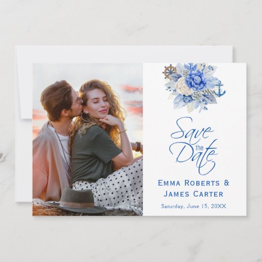 Stofblauwe bloemenfoto 'Save the Date' Save The Date (Voorkant)