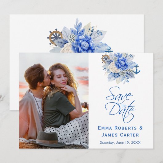 Stofblauwe bloemenfoto 'Save the Date' Save The Date (Voorkant / Achterkant)