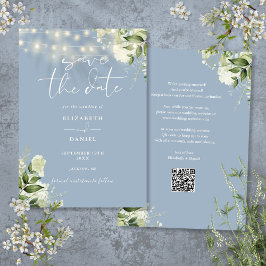 Stofblauwe bloemenslinger QR-code bruiloft Save The Date