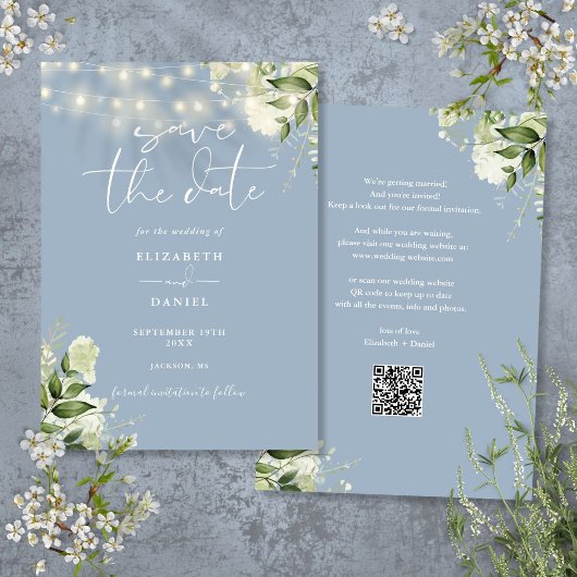 Stofblauwe bloemenslinger QR-code bruiloft Save The Date