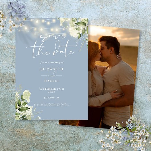 Stofblauwe bloemenslingerlamp foto bruiloft save the date