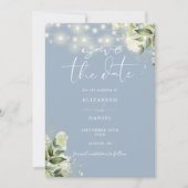 Stofblauwe bloemenslingerlamp foto bruiloft save the date (Voorkant)