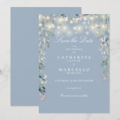 Stofblauwe bloemenslingerlichten bruiloft save the date (Voorkant / Achterkant)